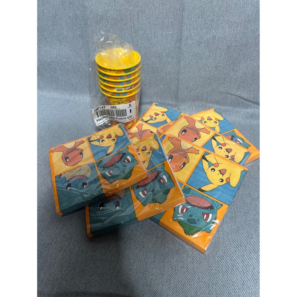 Pokemon Party Supplies Set 6 Plastic‎ Cups 64 Napkins Yellow Orange Pikachu
